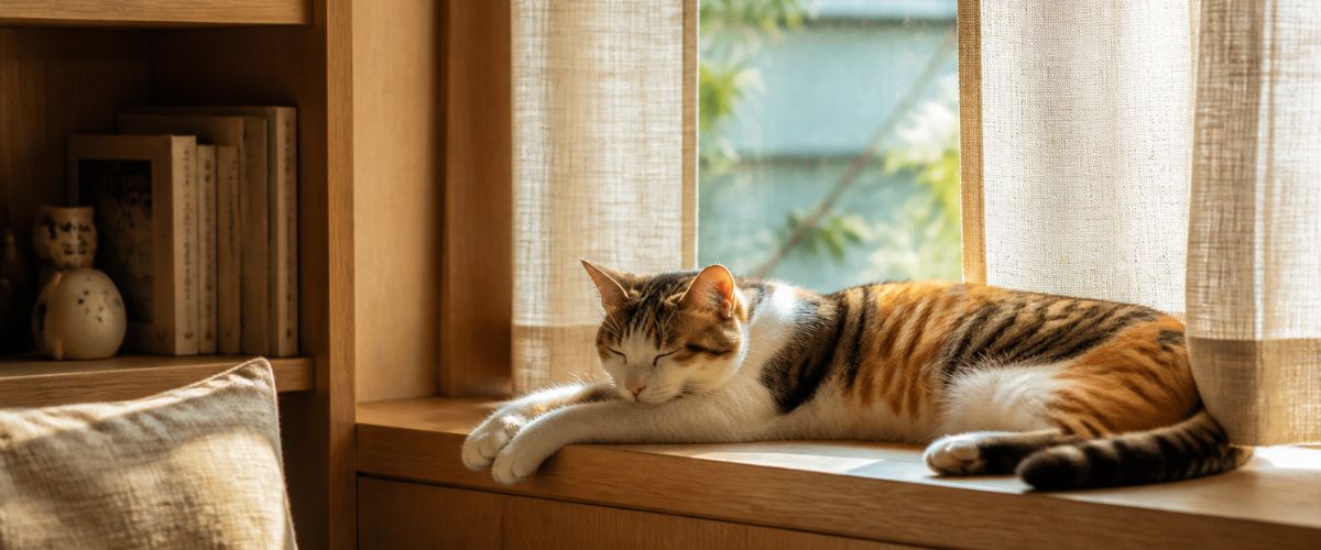 ネコが窓辺でくつろぐ